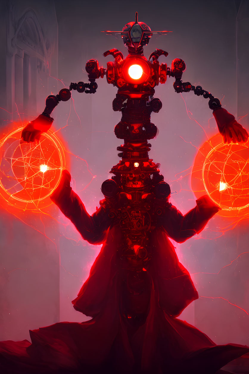 Glowing robotic figure in red cloak with magical symbols on mystical backdrop