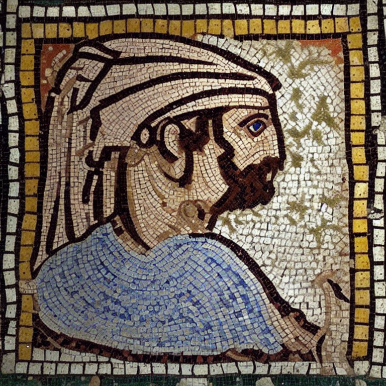 Ancient mosaic of a bearded man in blue clothing