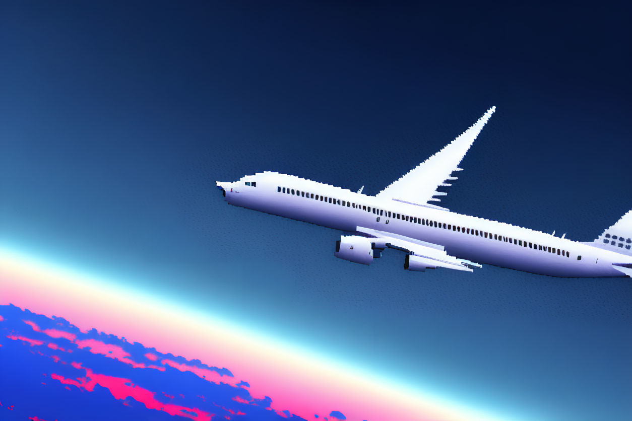 High-altitude airliner with Earth's curvature and colorful sky view.
