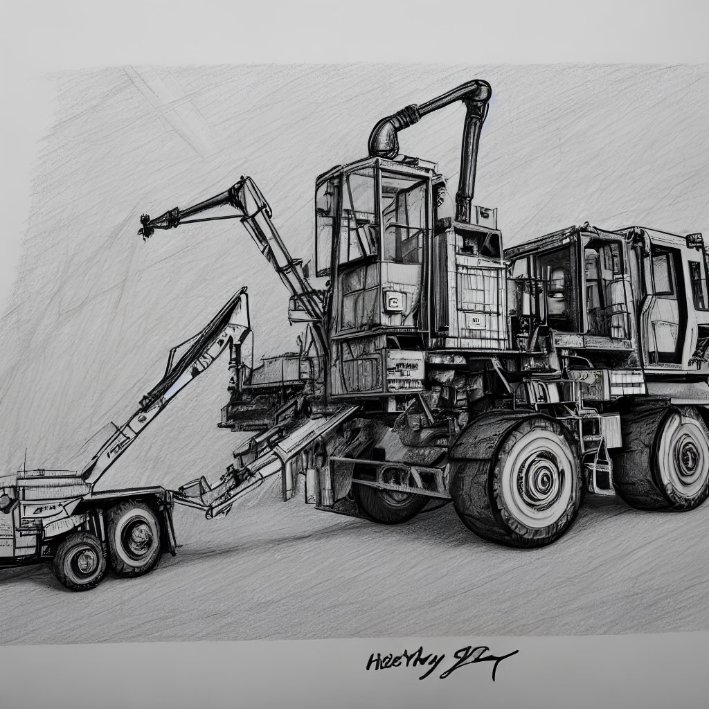 Detailed Pencil Sketch of Logging Truck with Crane Arm and Trailer on Textured Background