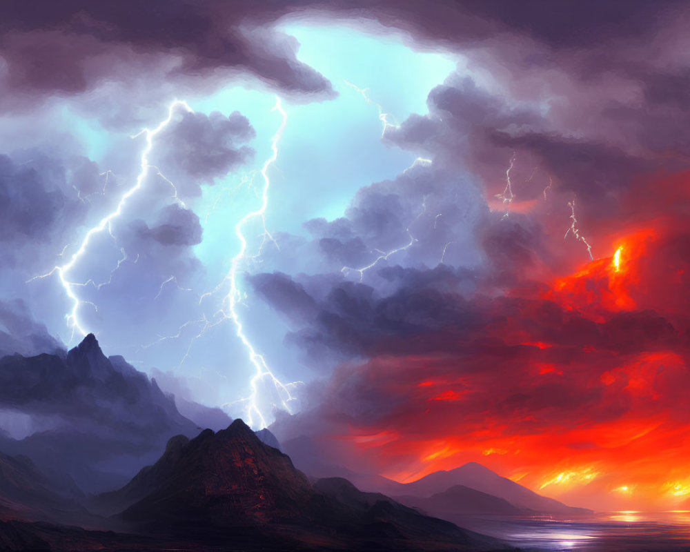 Dramatic landscape with lightning in fiery sky over dark mountains