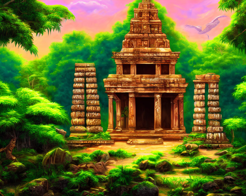 Colorful Jungle Temple Scene with Overgrown Trees and Flying Bird