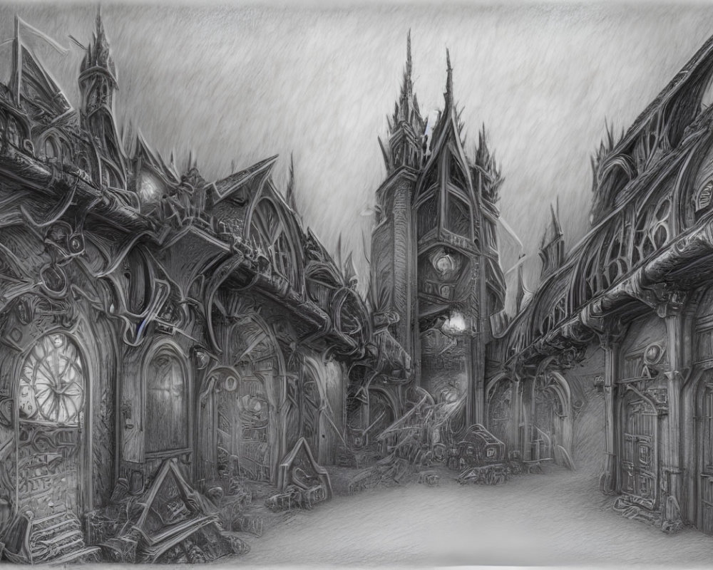 Detailed Monochrome Sketch of Eerie Gothic Fantasy Street