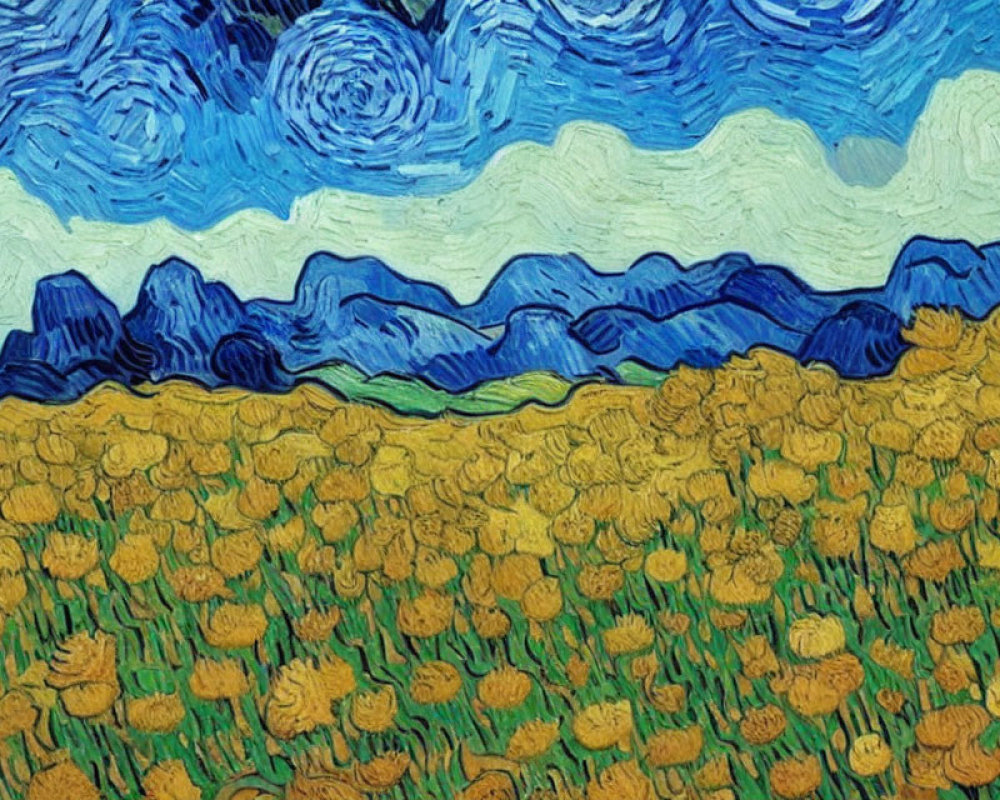 Vibrant yellow flowers under swirling night sky in post-impressionistic painting