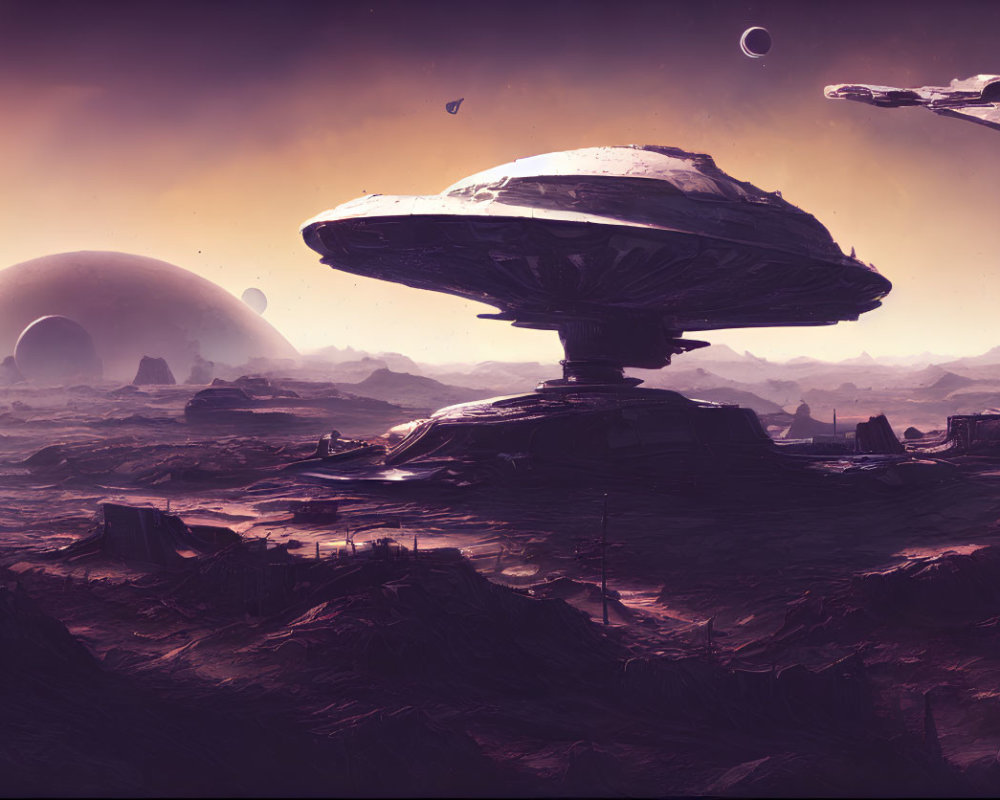Alien landscape with rock formations, saucer-shaped structure, and hovering spaceships