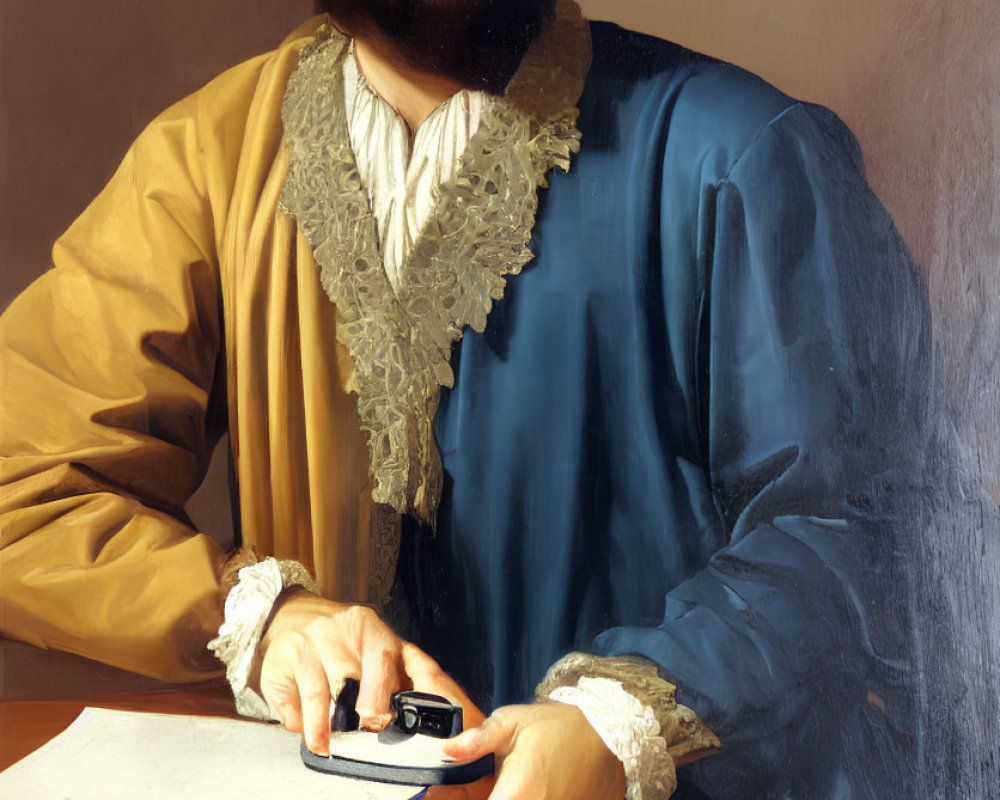 Historical painting of bearded man in wide-brimmed hat by desk with quill and book