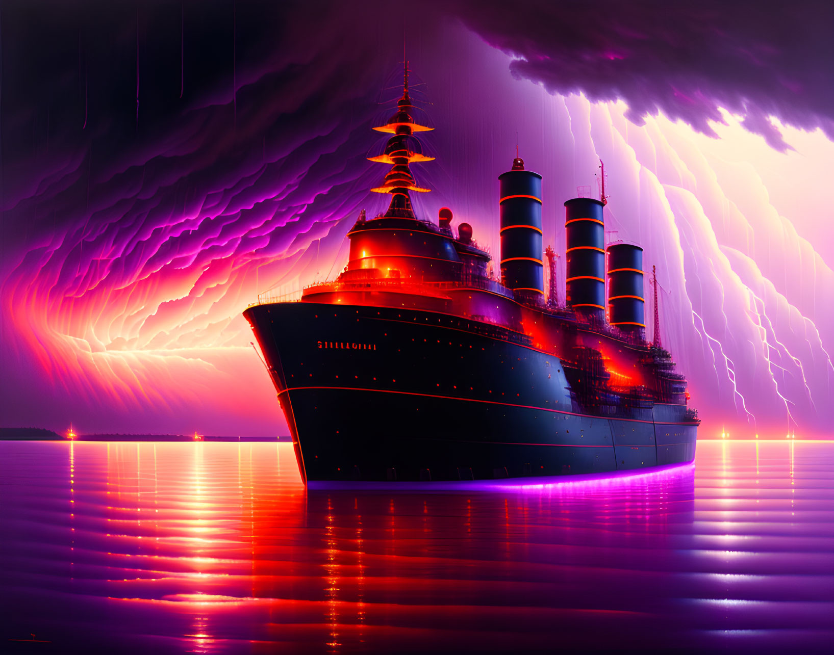 giant steamer, in a dark storm