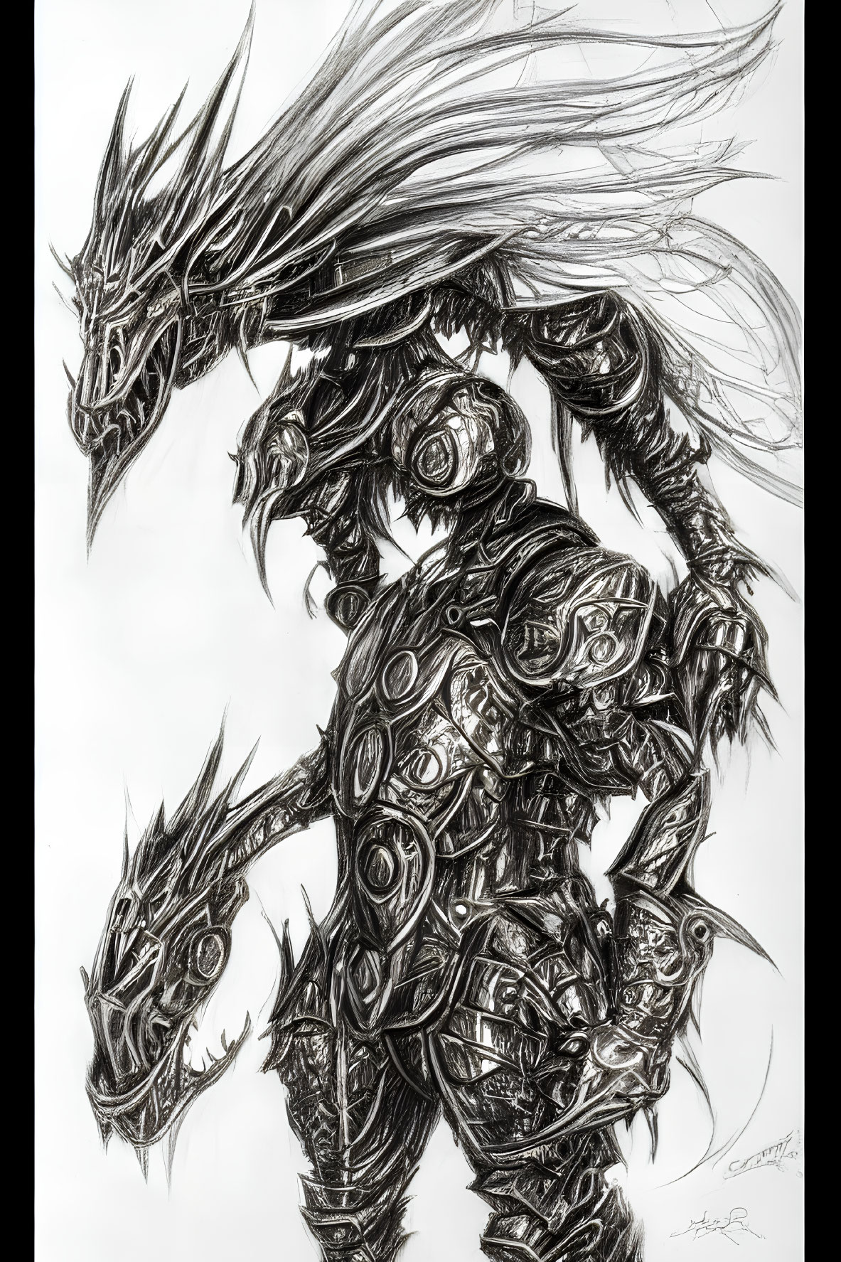 Detailed black and white sketch of character in dragon-like armor with dragon head helmet.