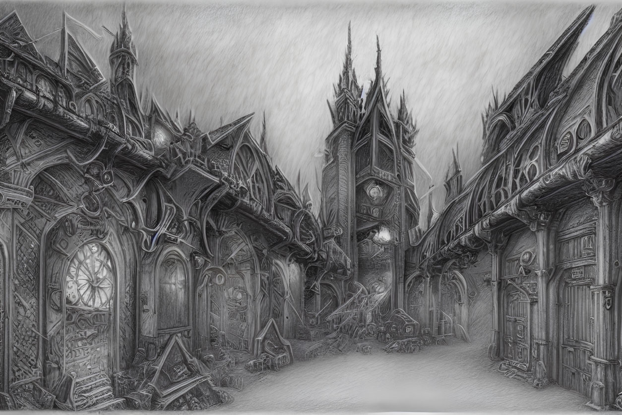 Detailed Monochrome Sketch of Eerie Gothic Fantasy Street