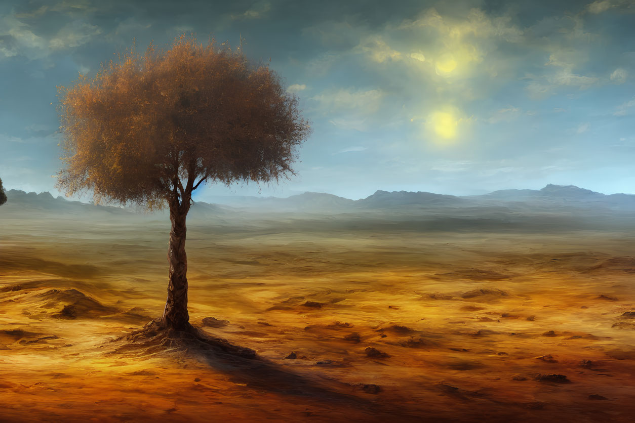 Solitary tree with amber leaves in desolate landscape under hazy sky