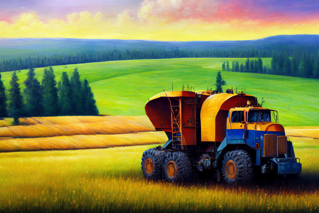 Colorful rural landscape painting at sunset with tractor and grain trailers.