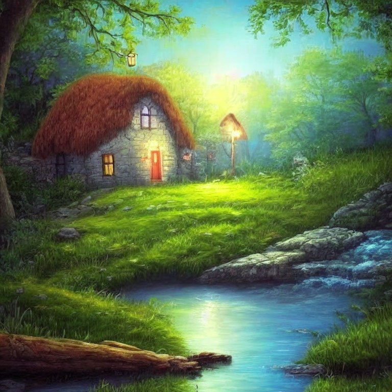 Thatched roof stone cottage in lush forest glade
