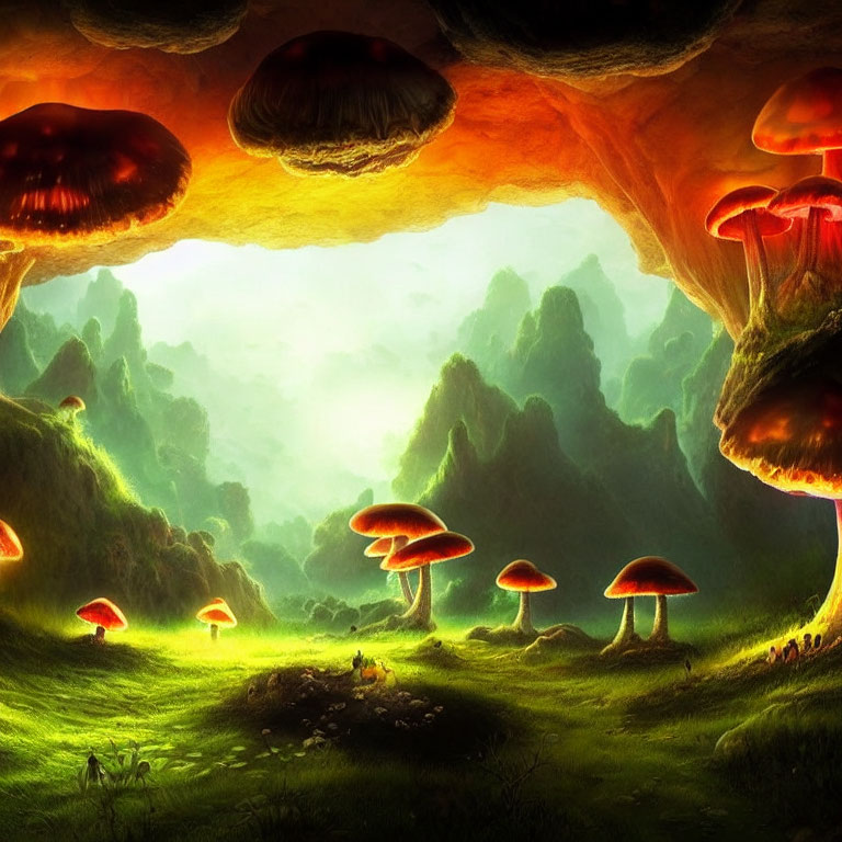 Enchanted forest scene with oversized glowing mushrooms