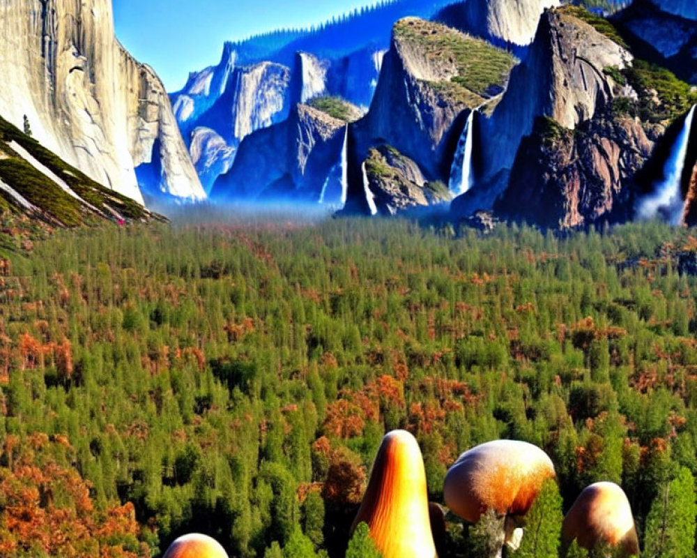 Surreal landscape with oversized mushrooms and Yosemite cliffs