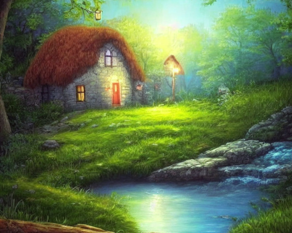 Thatched roof stone cottage in lush forest glade