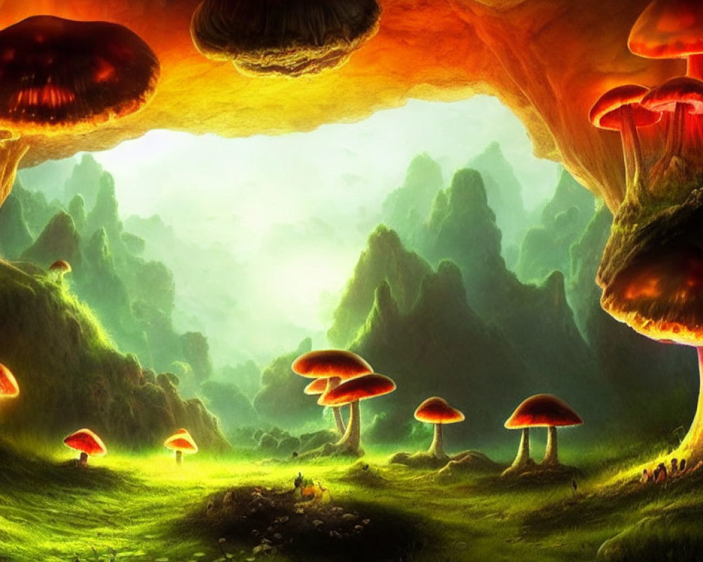 Enchanted forest scene with oversized glowing mushrooms