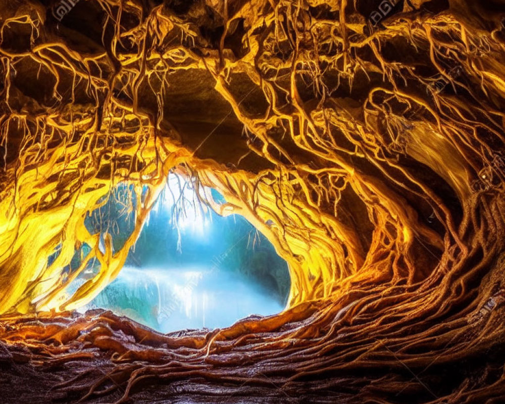 Intricate rock formations and roots in an illuminated cave