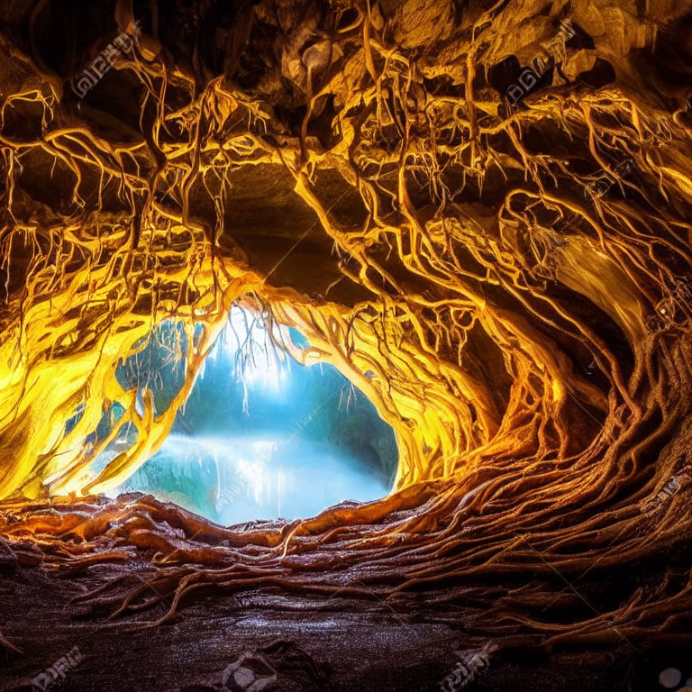 Intricate rock formations and roots in an illuminated cave