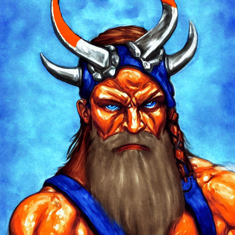 Muscular, Bearded Man in Horned Helmet on Blue Background