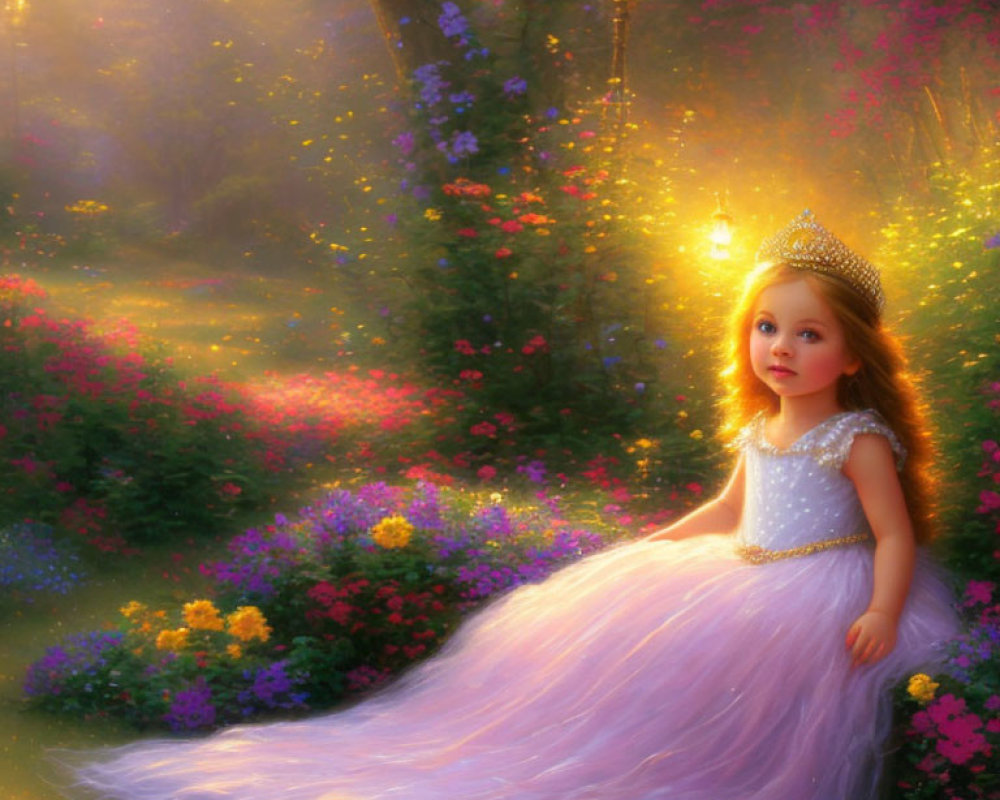 Young girl in tiara and pink dress in flower-filled setting with lantern