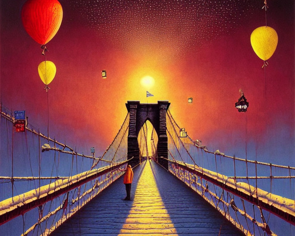 Whimsical painting of person on bridge with yellow balloons, floating ship, starry sky