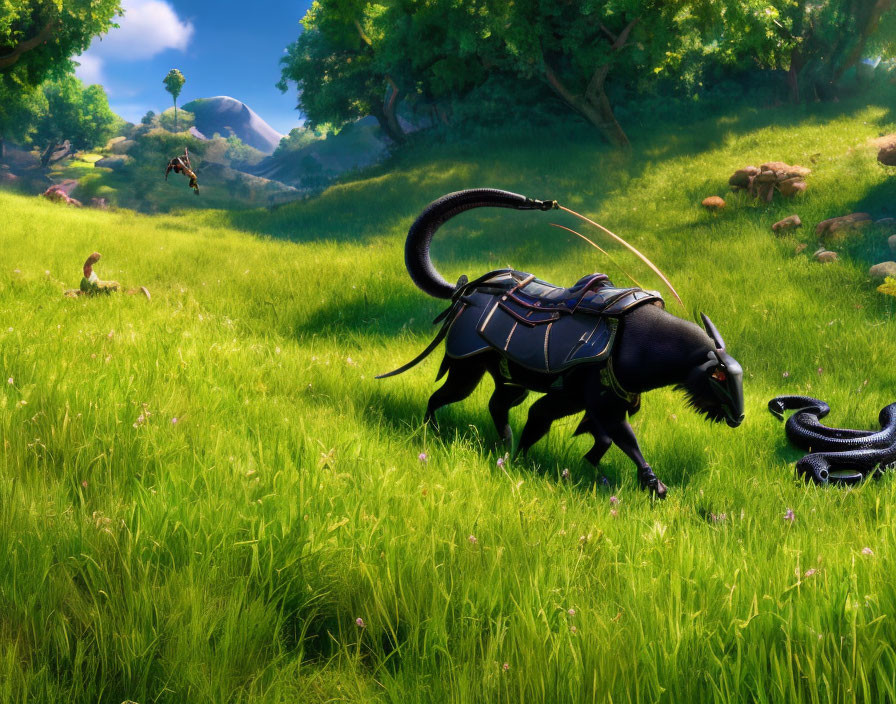 Stylized black ant with saddle in green meadow under bright sky, with flying ant and snakes