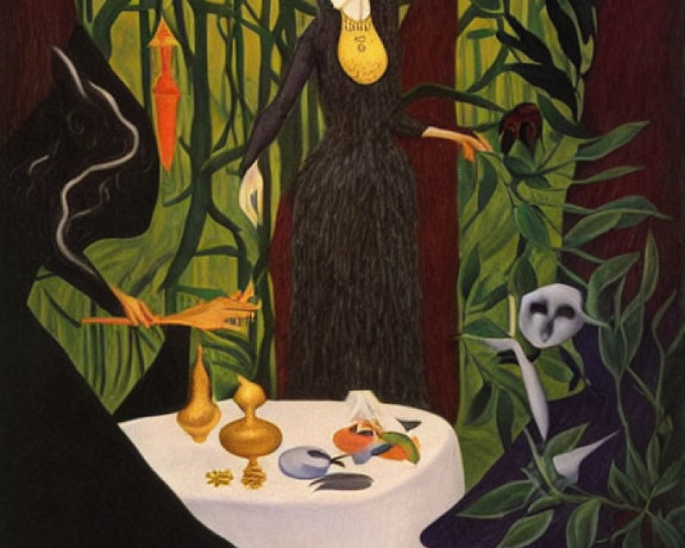 Surreal artwork of woman in black dress with creature in dark jungle