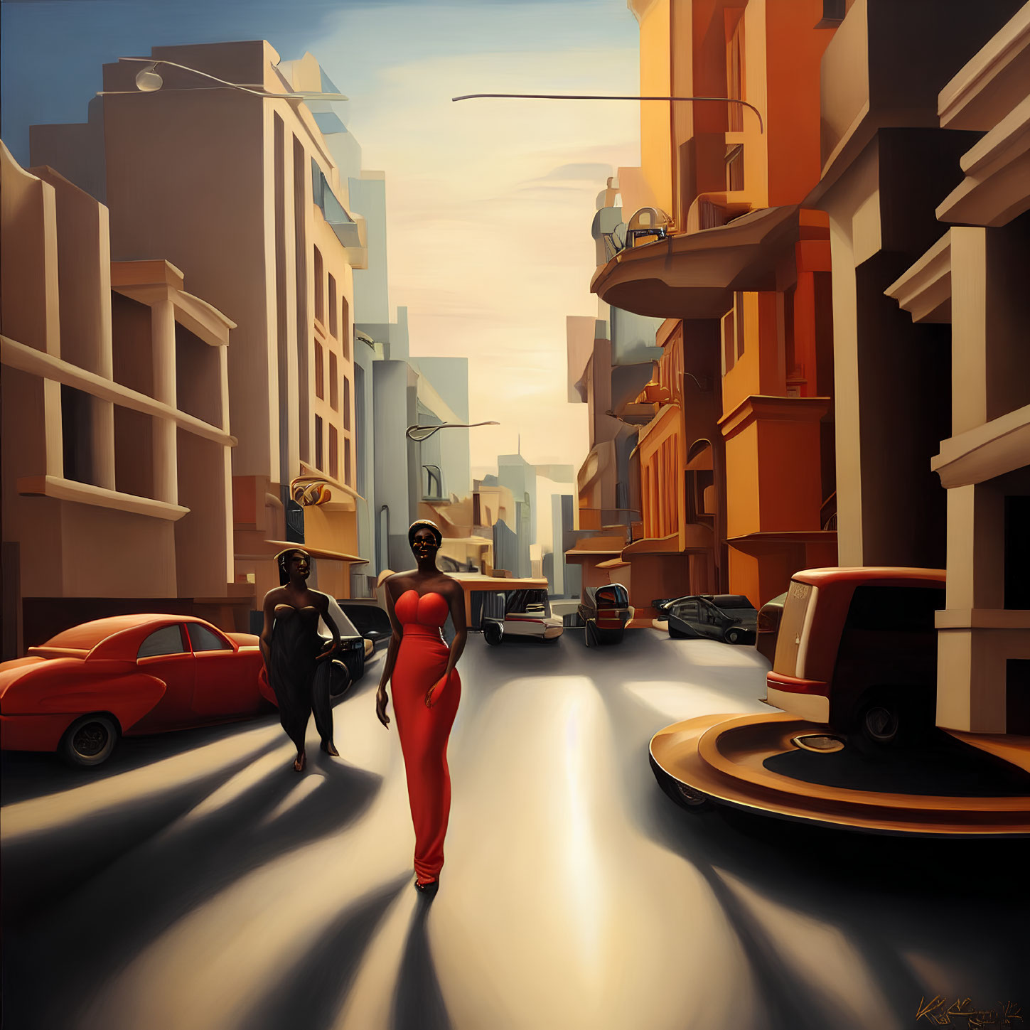 Stylized painting of two women in urban setting