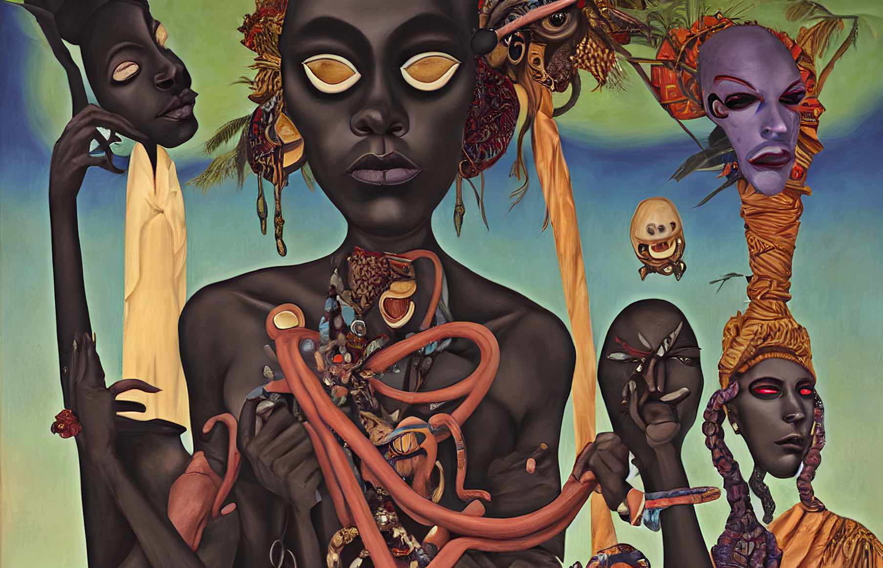 Surreal painting: Multiple faces in earthy tones with jewelry and headdresses, some with stretched