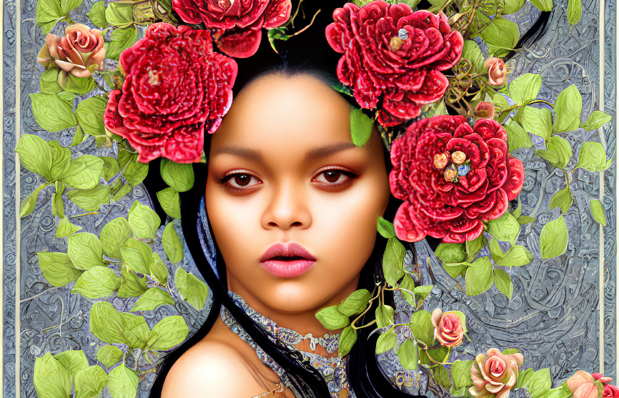 Digital artwork of woman's face with red roses and green leaves on blue background