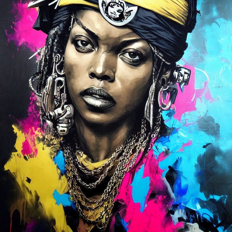 Colorful portrait featuring central figure in yellow headwrap, gold chains, and multiple earrings