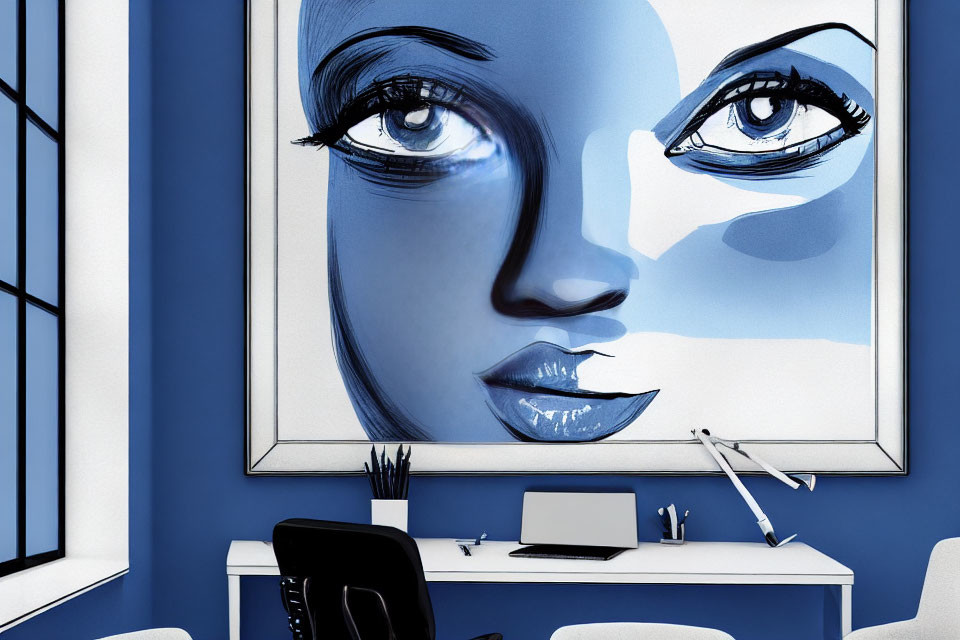 Monochromatic blue woman's face artwork in modern blue room