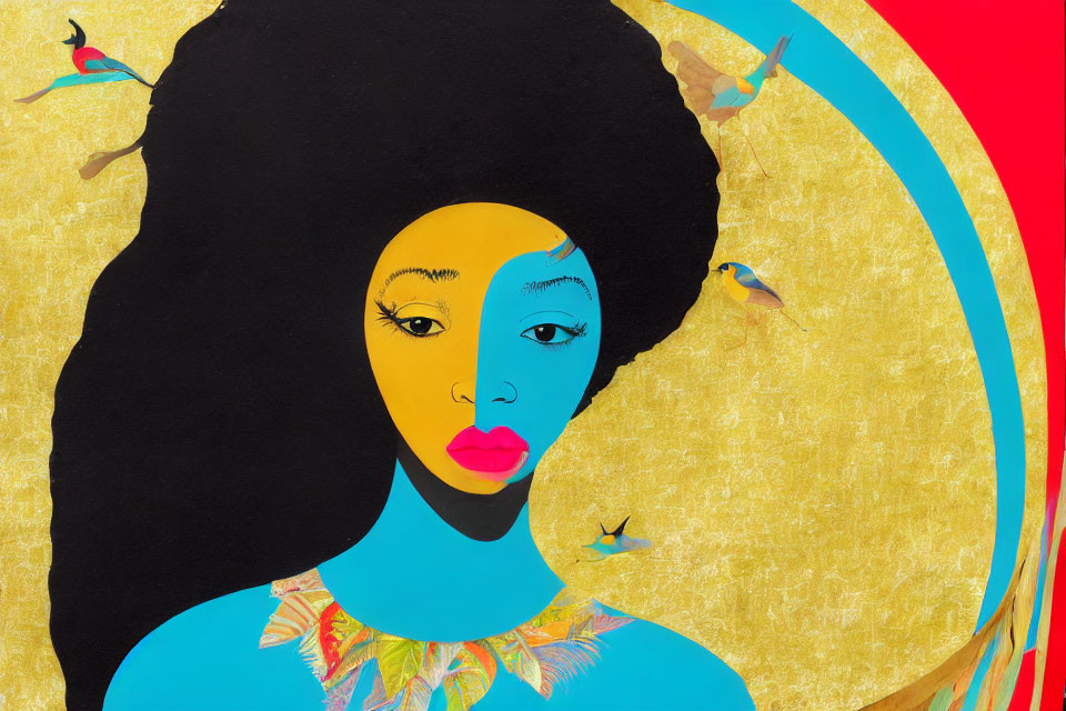 Colorful Afro Woman Artwork with Birds on Gold Background