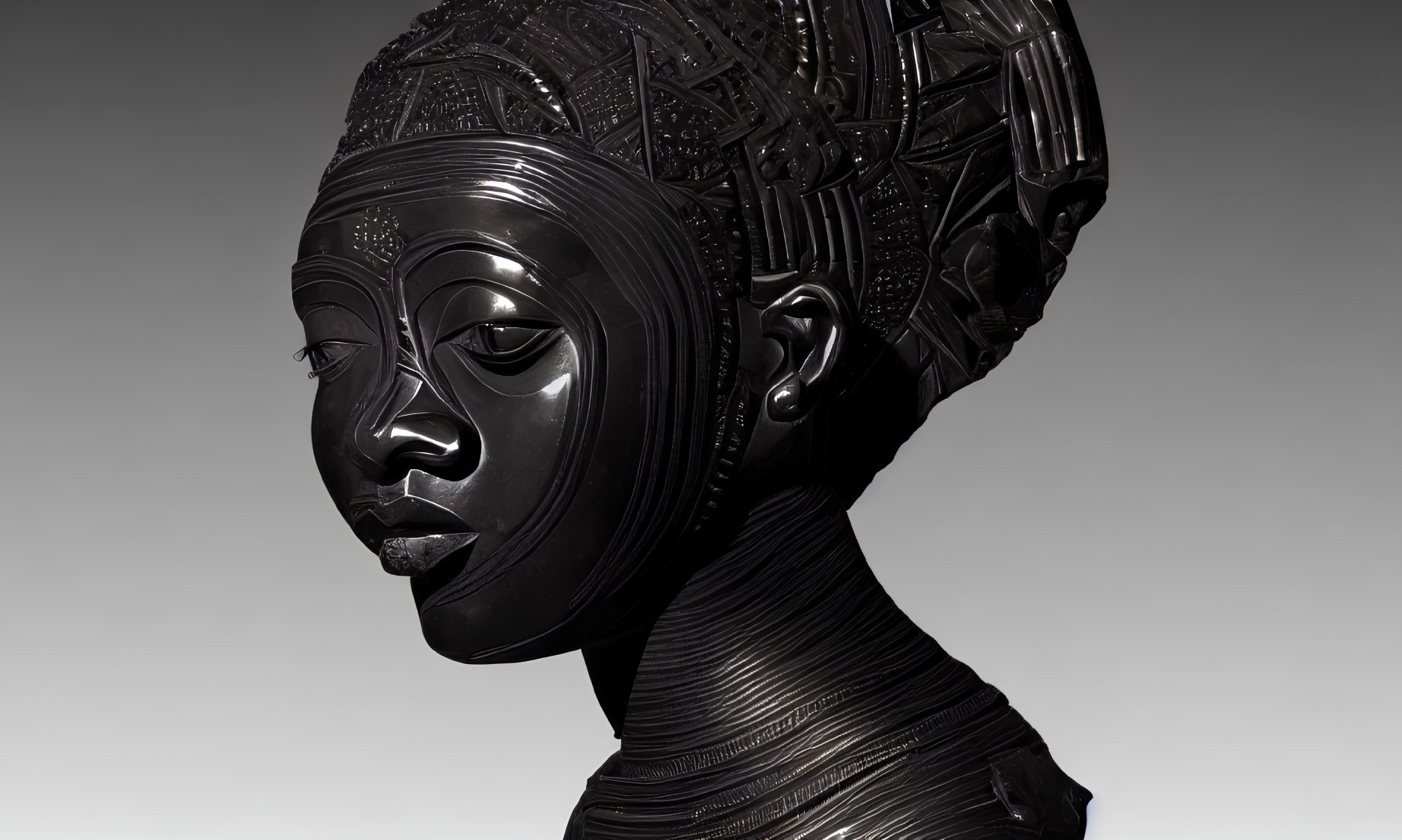 Intricately patterned black sculpture of woman's head and torso on gradient background