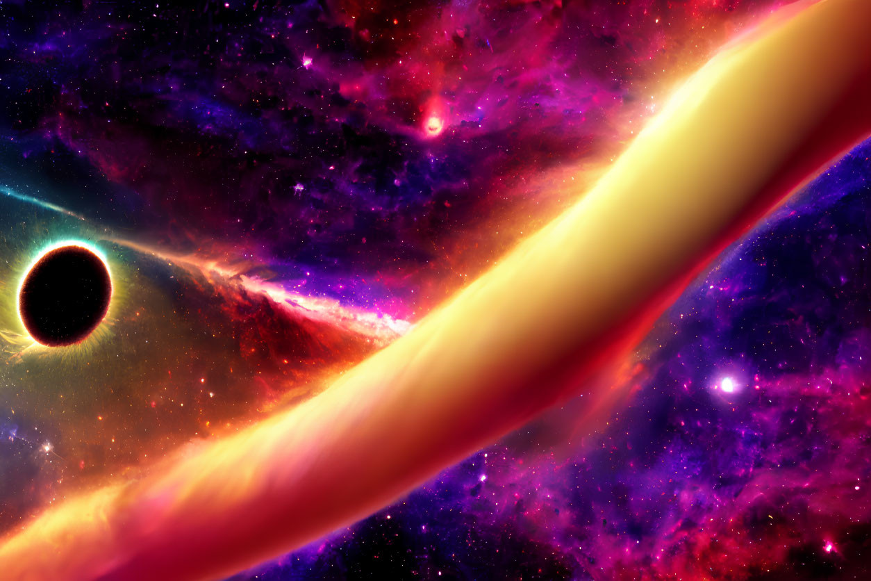 Colorful cosmic scene with black hole, nebulae, and ringed body