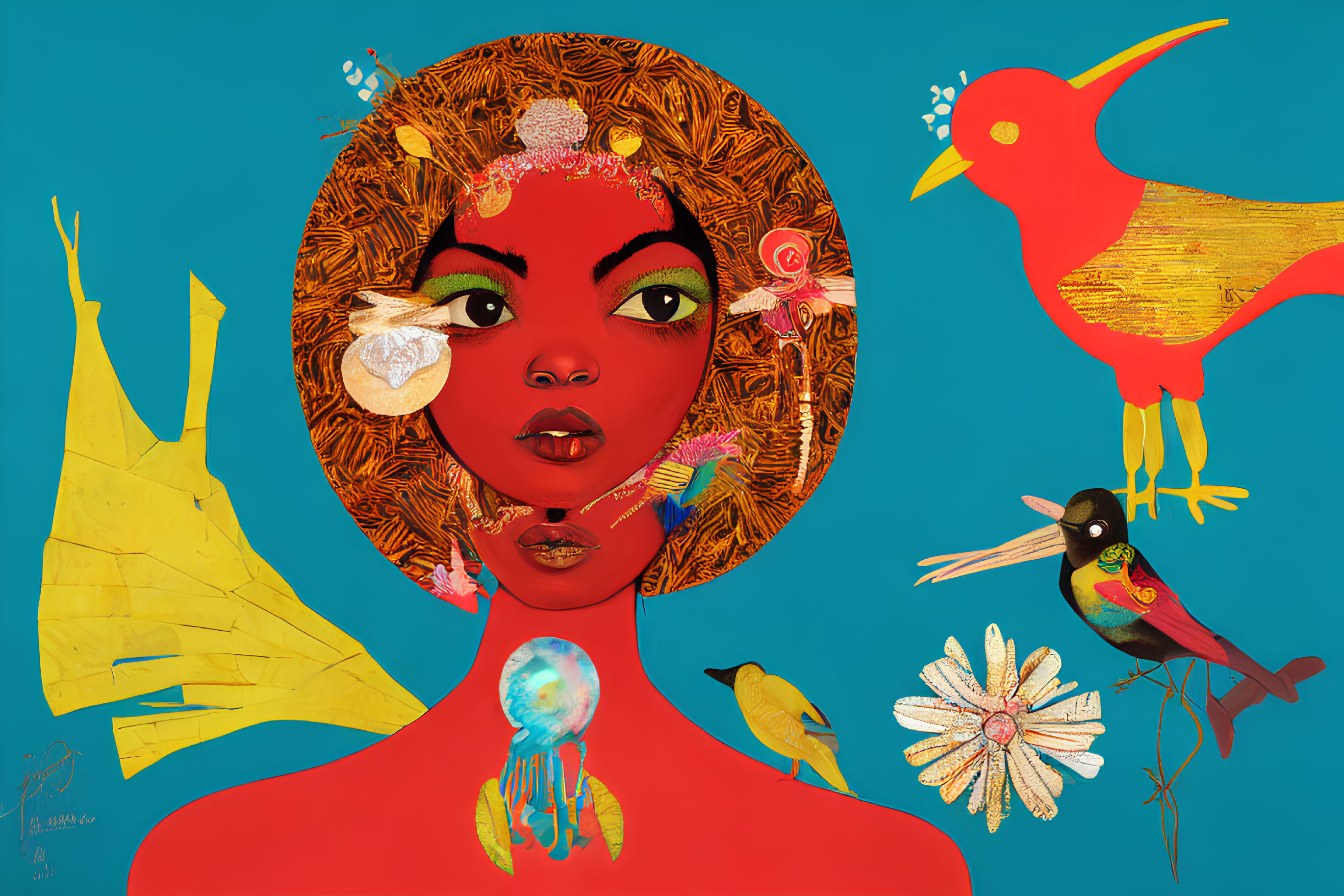 Vibrant woman with red hair and floral crown, surrounded by birds and sea creatures on blue background