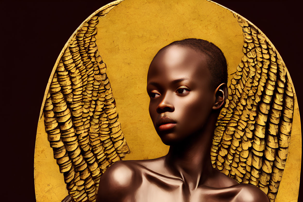 Bald Head with Golden Halo and Wing-like Textures
