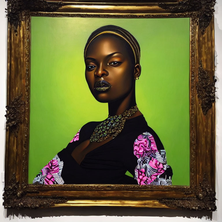 Portrait of Woman with Striking Features on Green Background in Ornate Gold Frame