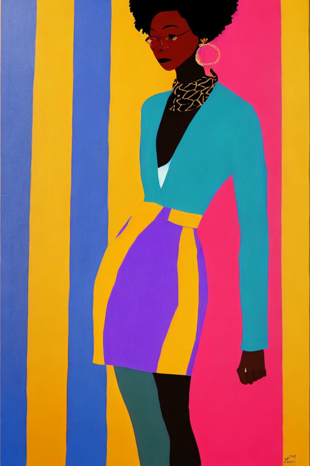 Vibrant illustration of a stylized woman in cyan top and purple skirt