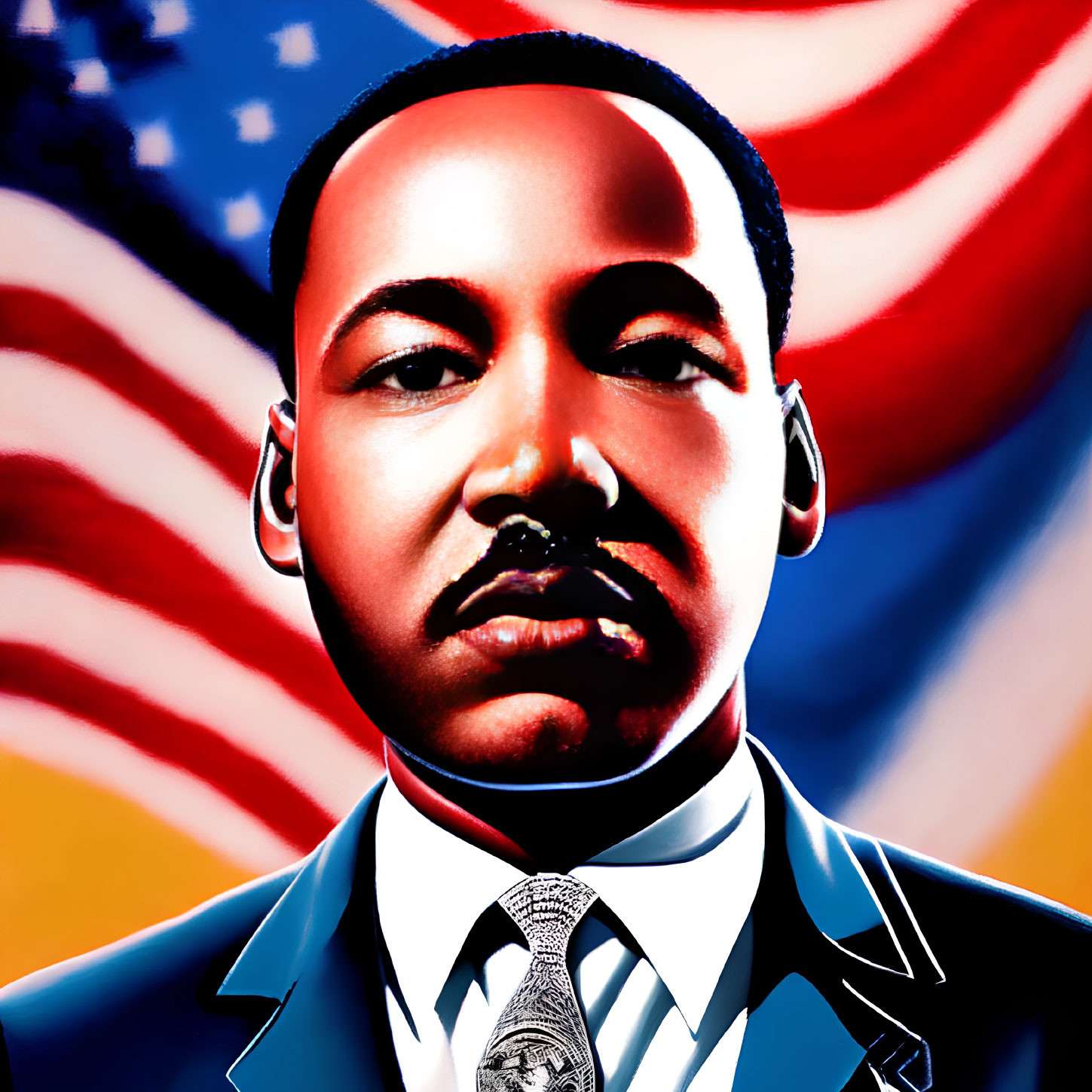 Intense gaze portrait of Martin Luther King Jr. in suit and tie on American flag backdrop