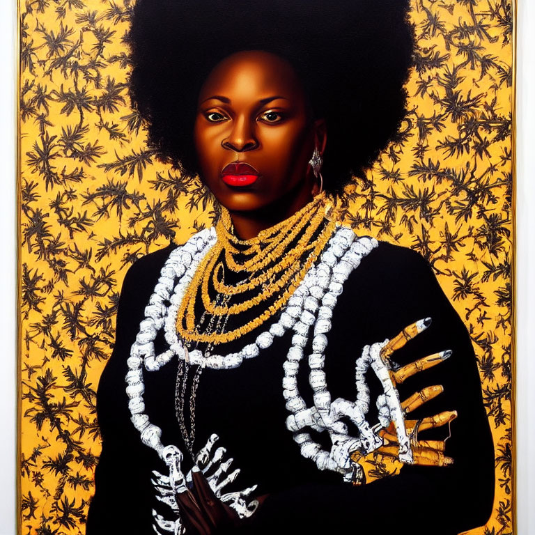 Portrait of woman with afro on yellow background, wearing pearls & black outfit