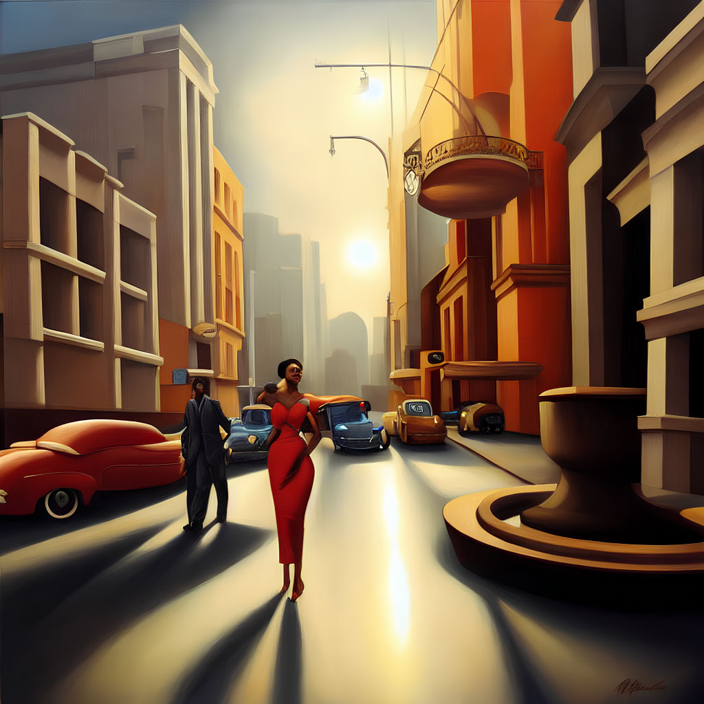 Stylized painting of woman in red dress on vintage city street