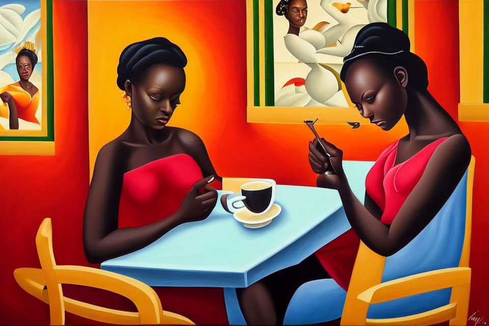 Two women in vibrant dresses at a table with coffee, absorbed in phones, abstract paintings in the background