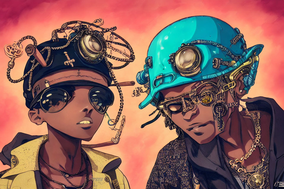 Steampunk-style helmets and goggles in yellow and blue with gears and chains on pink backdrop