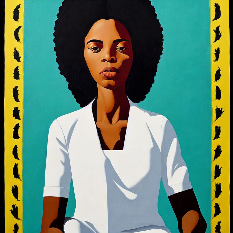 Stylized portrait of woman with afro hairstyle on turquoise background