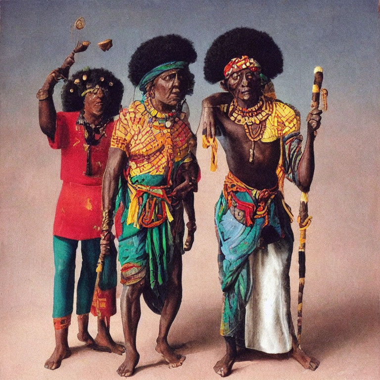 Three individuals in vibrant tribal attire with beads and headdresses, one juggling on neutral backdrop