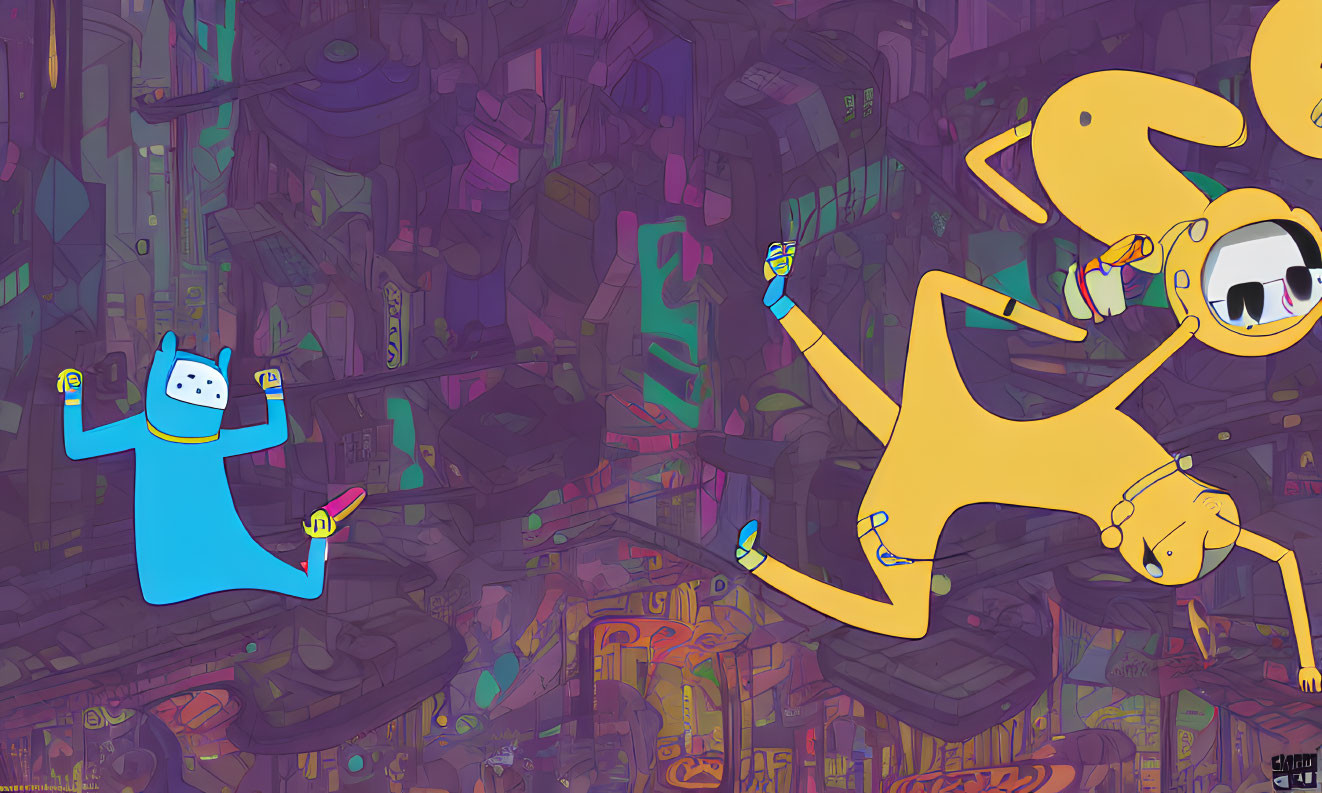 Vibrant cartoon with Finn and Jake in chaotic tech-junk setting