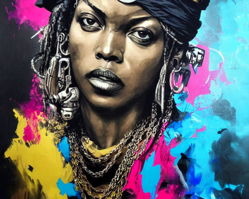 Colorful portrait featuring central figure in yellow headwrap, gold chains, and multiple earrings