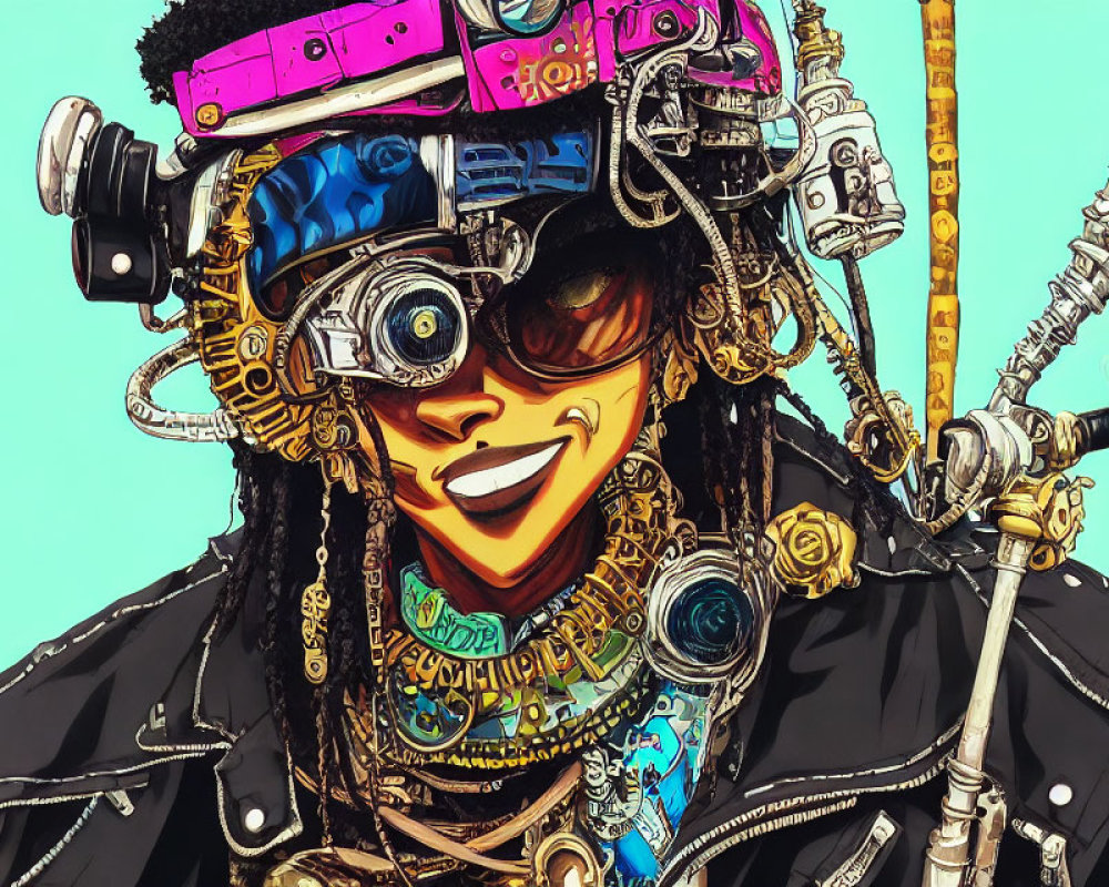 Vibrant cyberpunk character with goggles and dreadlocks in graffiti background