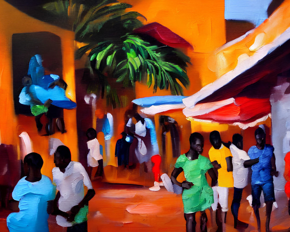 Vibrant Street Scene Painting with Blurred Figures and Palm Trees